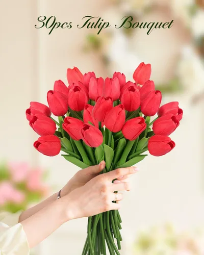 Miniatura 5 de MACTING - 30 flores artificiales de tulipán, tulipanes falsos de tacto real, flores artificiales de primavera, tulipanes de imitación para arreglos