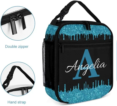 Miniatura 5 de Bolsa de almuerzo con nombre personalizado para hombres y mujeres, con monograma de purpurina azul, hielera, portátil, con nombre, para niñas, azul