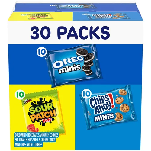 Nabisco Paquete variado de galletas y dulces, SOUR PATCH KIDS - Gomitas suaves y masticables, OREO Minis y Chips AHOY! Minis Cookies, 30 paquetes de