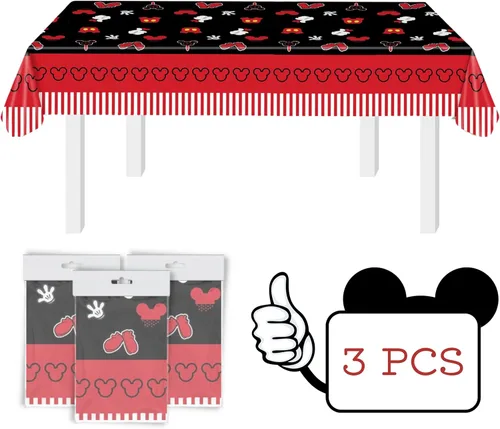3 manteles de cumpleaños de ratón para fiestas de 51 x 87 pulgadas, manteles de plástico negro y rojo para niños y niñas, mantel rectangular
