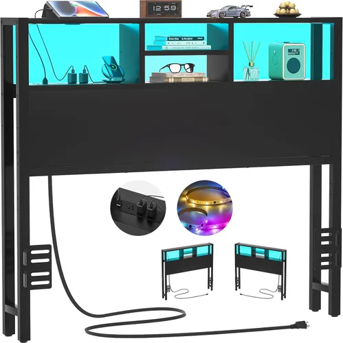Cabecero Aheaplus para Cama Individual con Almacenamiento, Cabeceros con Enchufes, Puertos USB y Luz LED, Cabecero Individual Solo, Altura