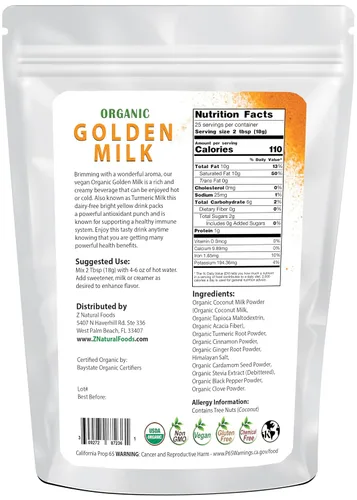 Miniatura 2 de Z Natural Foods Leche dorada orgánica en polvo – Mezcla de superalimentos de cúrcuma, mezcla en café, té, lattes, licuados de frutas, recetas – sin