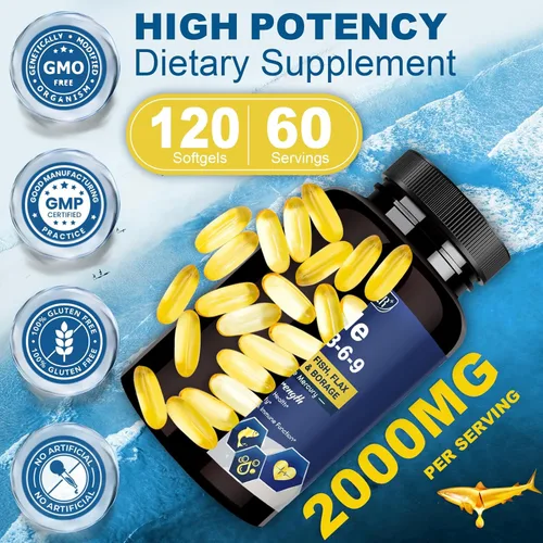 Miniatura 7 de Triple Omega 3-6-9 - Aceite de pescado de 2000 mg con vitamina E - Suplemento de ácidos grasos EPA y DHA - Apoya la salud del corazón, cerebro