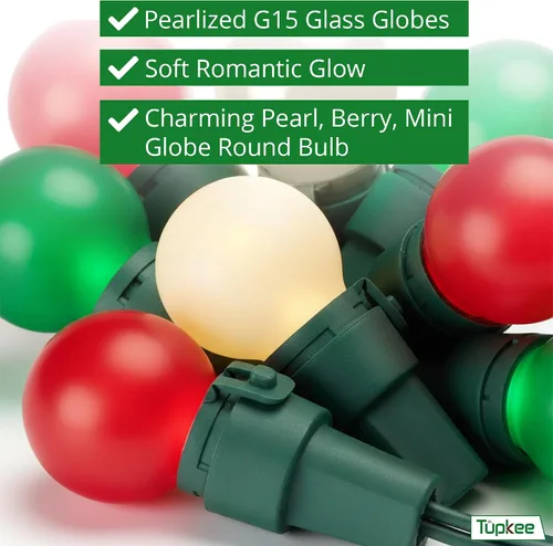 Miniatura 7 de Juego de mini luces de globo de cristal perlado, 70 bombillas LED G15 rojas, verdes y blancas cálidas, para interiores y exteriores, 25.3 pies