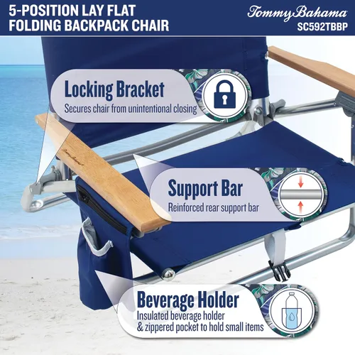 Miniatura 5 de Tommy Bahama - Silla plegable clásica para playa con 5 posiciones y mochila, rayas azules y verdes, 23 x 25.25 x 31.5 pulgadas