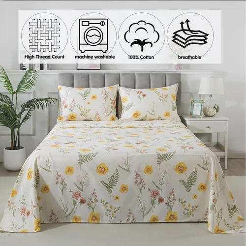 Miniatura 5 de FADFAY Juego de sábanas de percal de algodón cepillado con bolsillo profundo, sábana bajera ajustable de lujo con estampado floral de caléndula