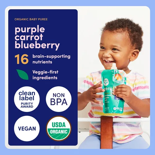 Miniatura 3 de Cerebelly Bolsas de comida orgánica para bebés, batidos de zanahoria morada y arándanos sin lácteos, 16 nutrientes, sin azúcar añadido, fibra y sin