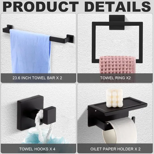 Miniatura 3 de Juego de 10 accesorios de baño, juego de accesorios de baño de 24 pulgadas, barra de toalla de baño de acero inoxidable, toalleros, gancho