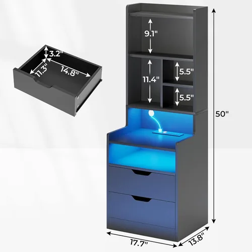 Miniatura 2 de BTHFST Mesita de noche alta con luces LED y estación de carga, mesita de noche LED negra con estantes y 2 cajones, mesita de noche con estantería