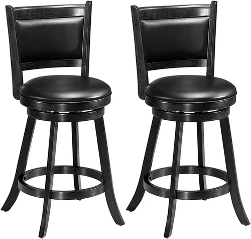 Miniatura 13 de COSTWAY Juego de 2 taburetes de bar, giratorios de 360 grados, taburete giratorio de madera con acento de altura, diseño tapizado de cuero, asiento