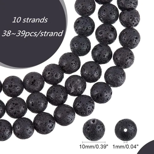 Miniatura 2 de PH PandaHall 380-390 cuentas de lava natural de 0.39 pulgadas teñidas de negro, cuentas redondas de piedra de lava para fabricación de joyas