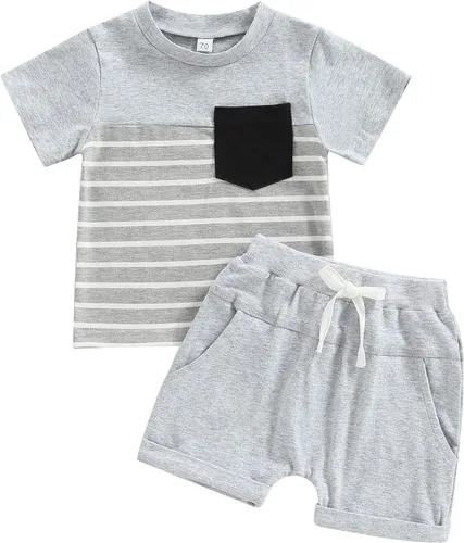Miniatura 81 de Conjunto de traje de verano para bebé niño pequeño, manga corta, cuello redondo, letras impresas, lindo traje de verano, conjunto de 2 piezas