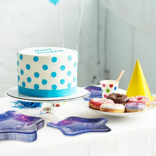 Miniatura 7 de Whaline 40 platos de papel de estrella, platos desechables de galaxia espacial, coloridos platos decorativos de postre para vacaciones, cumpleaños