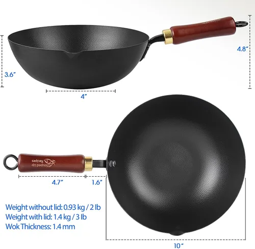 Miniatura 2 de Souped Up Recipes Wok de acero al carbono de 10 pulgadas para estufas eléctricas, de inducción y de gas (tapa y video de guía de usuario incluido)