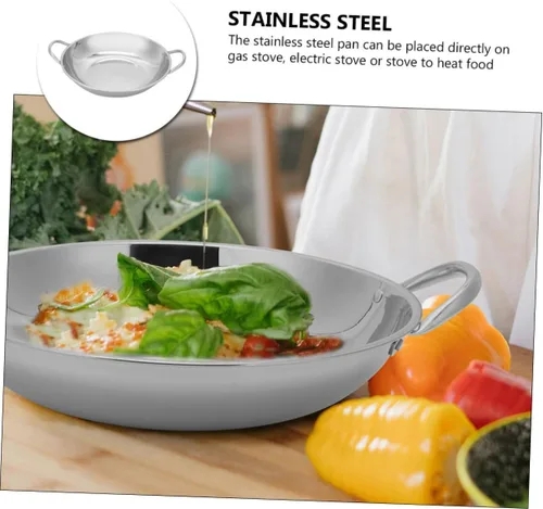Miniatura 8 de Kichvoe Sartén de acero inoxidable Wok de fondo plano para freír hogar con asas antiadherente para servir alimentos de mariscos 7.9 in olla