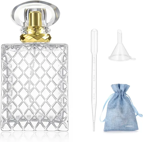 Botella de perfume recargable de vidrio grueso de alta calidad de 3.4 fl oz (3.4 oz) con pulverizador dorado, incluye embudo, gotero de 0.1 fl oz y