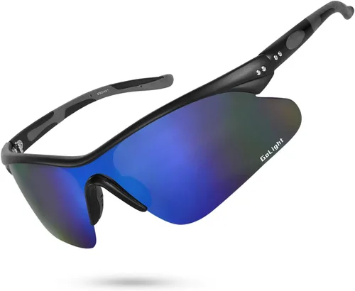 GoLight Polarized Wraparound Sports Sunglasses for Men & Women – UV400, Anti-Glare, Lightweight Frame with Metal Hinges Espejo negro mate/azul