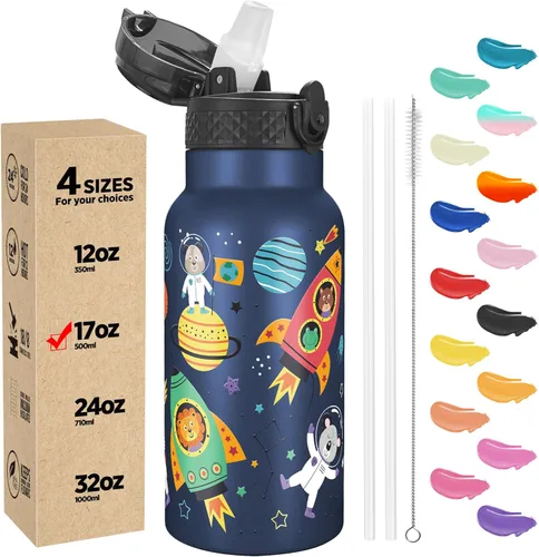 Han's Bottle Botella de agua para niños con tapa con pajilla, vaso reutilizable de acero inoxidable aislado para niñas, niños, taza térmica, 17