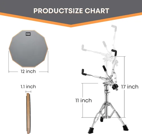 Miniatura 2 de GrowDaily Juego de Soporte para Pad de Práctica de Batería Tambores Snare de 12 Pulgadas con Pad de Tambores Silencioso de Doble Cara, Gel Gris