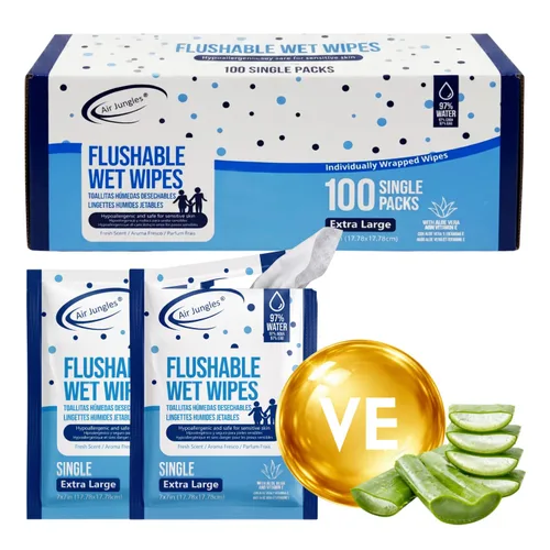 Miniatura 11 de Air Jungles Toallitas desechables de tamaño de viaje envueltas individualmente, 50 unidades, toallitas para glúteos con aloe vera y vitamina E