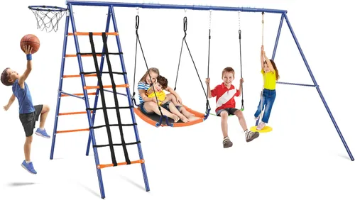Juego de columpios para patio trasero, juego de columpio de 550 libras con soporte de metal resistente con marco en A, juego de columpios 6 en 1