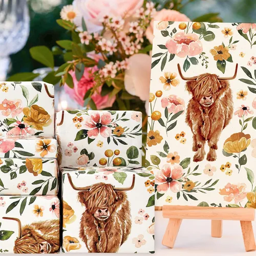 Miniatura 6 de AnyDesign Papel de regalo de vaca de las tierras altas de las tierras altas, no enrollable, papel de regalo de vaca con flores, plegado plano