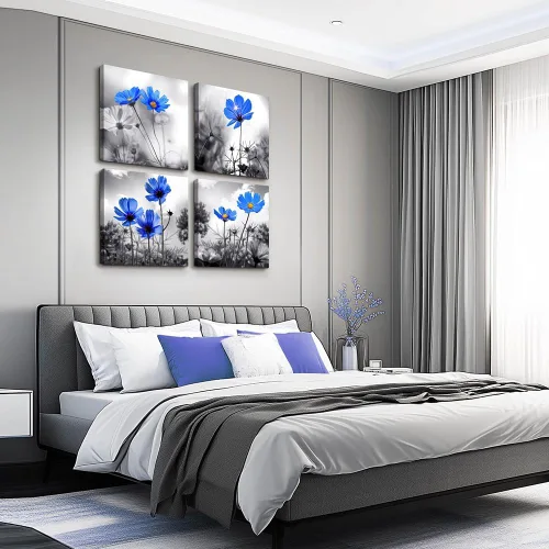 Miniatura 6 de Arte de pared para sala de estar, diseño de flores azules cian en blanco y negro, impresiones en lienzo grande para decoración de pared, obras