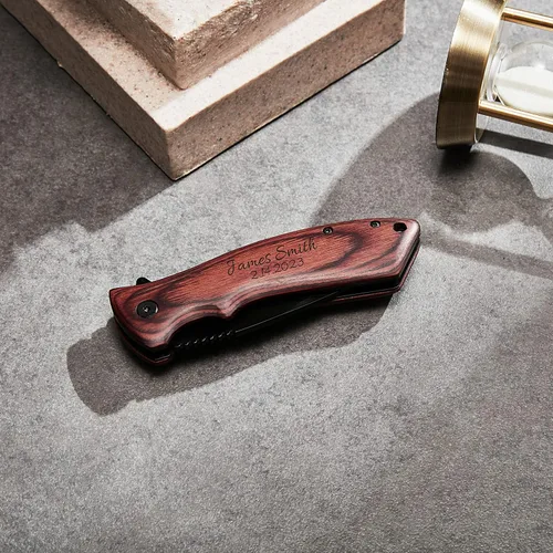 Miniatura 3 de Cuchillo plegable de bolsillo personalizado grabado con caja de madera para novio, marido, papá, hijo, cuchillo de caza de pesca único para hombres