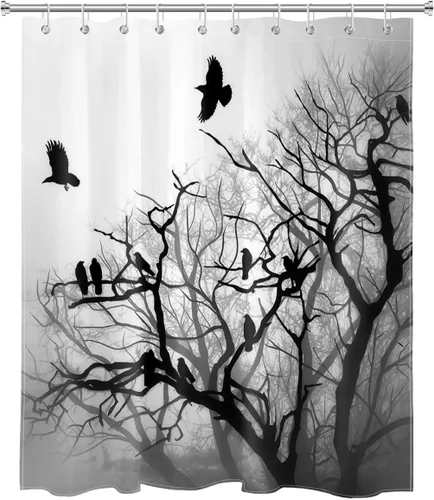LB Cortina de ducha de bosque brumoso, color negro, gris, bosque brumoso, pájaros en árbol, cuervo, cuervo, cortinas de ducha para decoración de