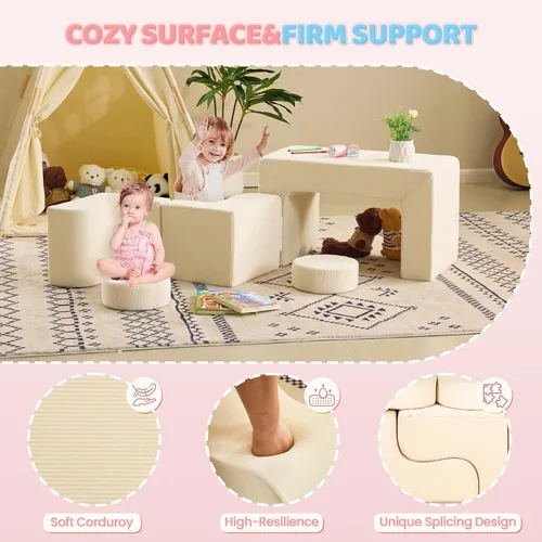 Miniatura 6 de JOYMOR Sofá modular de juegos para niños, juego de sofá de espuma de pana convertible de 6 piezas, fuerte de construcción para niños pequeños