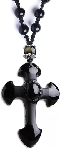 Collar con dije de cruz de obsidiana negra, cristal curativo de obsidiana natural, piedra de energía, amuleto, para mujeres, hombres, niñas, niños,
