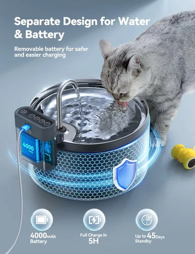 Miniatura 6 de Fuente de agua inalámbrica para gatos [Separación de agua y batería] FEELNEEDY Fuente para gatos operada por batería de 4000mAh, fuente