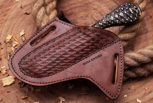 Miniatura 6 de Cuchillo Cortador de Toro de Acero Damasco Hecho a Mano, Cuchillo de Hoja Fija Vaquero, Mango de Madera, Cuchillo EDC Funda de Cuero PANCAKE Regalo