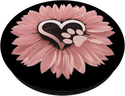 Miniatura 2 de Girasol y perro con estampado de huellas de flores rosas PopSockets agarre y soporte para teléfonos y tabletas, Negro