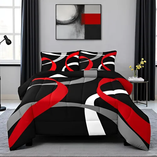Miniatura 14 de Juego de edredón de rayas rojas y negras, juego de ropa de cama tamaño King con ondas circulares abstractas, geométrico, espiral, acolchado, 3 Multi