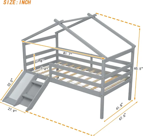 Miniatura 2 de Cama baja de tamaño individual con tobogán y escalera, marco de cama con barandillas de seguridad y techo en forma de casa, para dormitorio