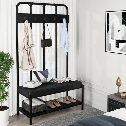Miniatura 7 de Allewie Perchero para zapatos, árbol de pasillo independiente de 75 pulgadas, banco de entrada con estantes de almacenamiento, asiento tapizado