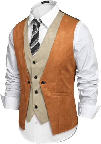 Miniatura 2 de COOFANDY Chaleco de cuero de ante para hombre, estilo en capas, chaleco de vestir