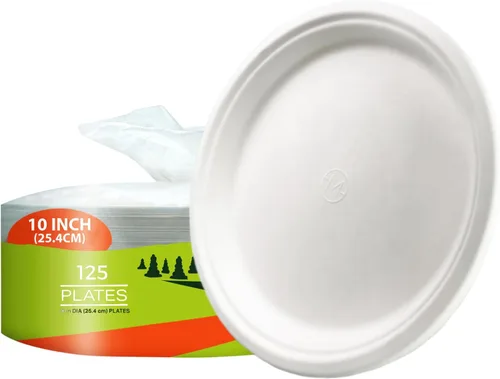 Miniatura 10 de Platos de papel, 100 % compostables, 10 pulgadas por 0.5 pulgadas de profundidad, plato desechable resistente, certificado (BPI), sin (PFAS)