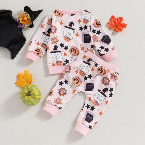 Miniatura 4 de Kayotuas Conjunto de sudadera de manga larga con estampado de arco de calabaza y esqueleto para bebé de Halloween, para otoño