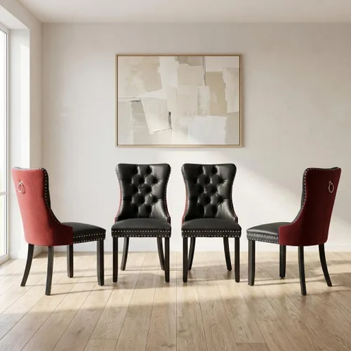 Miniatura 58 de OVENTA Juego de 4 sillas de comedor modernas tapizadas copetudas, terciopelo negro y gris y cuero con patas de madera maciza, sillas de cocina