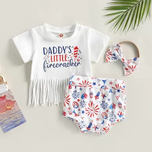Miniatura 2 de Conjunto de ropa para bebÃ© niÃ±a del 4 de julio, camisa con flecos, blusa con borlas y diadema corta