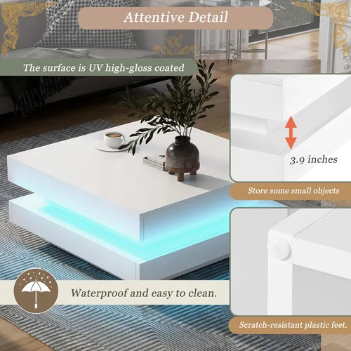 Miniatura 4 de Merax Mesa de centro cuadrada con luz LED de 31.5 x 31.5 pulgadas, mesa de cóctel cuadrada de 2 niveles con luces LED y almacenamiento de doble capa