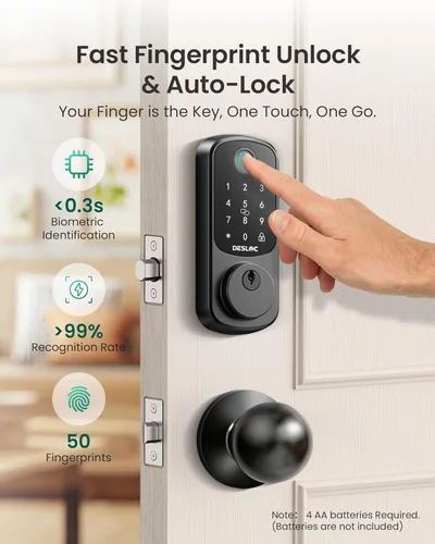 Miniatura 3 de DESLOC Cerradura inteligente de huellas dactilares B200 con 2 perillas, juego de cerradura de puerta delantera sin llave, cerrojo de seguridad