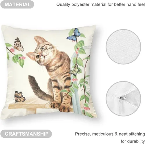 Miniatura 3 de Fundas de almohada con diseño de mariposa de gato de 20 x 20 pulgadas, bonito patrón de dibujos animados, fondo beige, para decoración del hogar