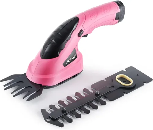 Lichamp CGS3601PK CGS3601PK - Cortasetos eléctrica de mano eléctrica 2 en 1, cortasetos de arbustos, inalámbrica, funciona con pilas, recargable Rosa