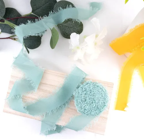 Miniatura 6 de Cintas de gasa de seda de 1.2 pulgadas x 11 yardas, cintas verdes hechas a mano con flecos para invitaciones de boda, envoltura de regalos, ramos