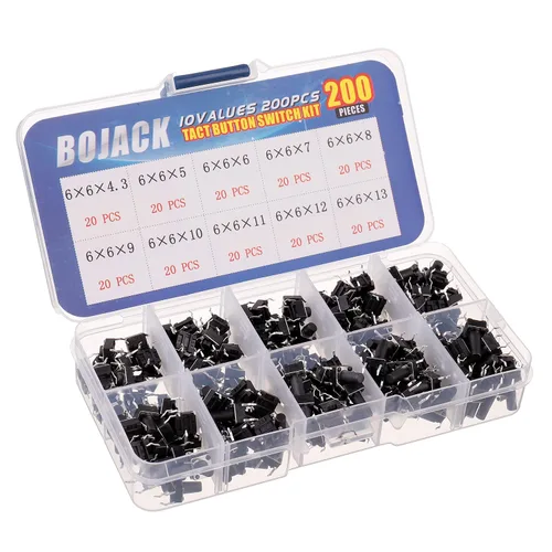 Miniatura 2 de BOJACK 10 Valores 200 Unids 0.236x0.236 in Interruptores de Botón Táctil 4 Pin Momentario Pulsador Interruptor Surtido Kit