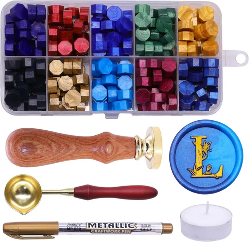 Miniatura 16 de SWANGSA Kit de sello de cera con letra inicial del alfabeto A, elegante sello de sellado de letras florales botánicas con 200 cuentas de cera