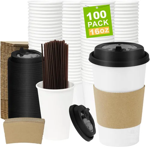 Miniatura 51 de Paquete de 100 tazas de café desechables de pared ondulada corrugada de 16 onzas con tapas y pajitas, tazas aisladas resistentes para bebidas